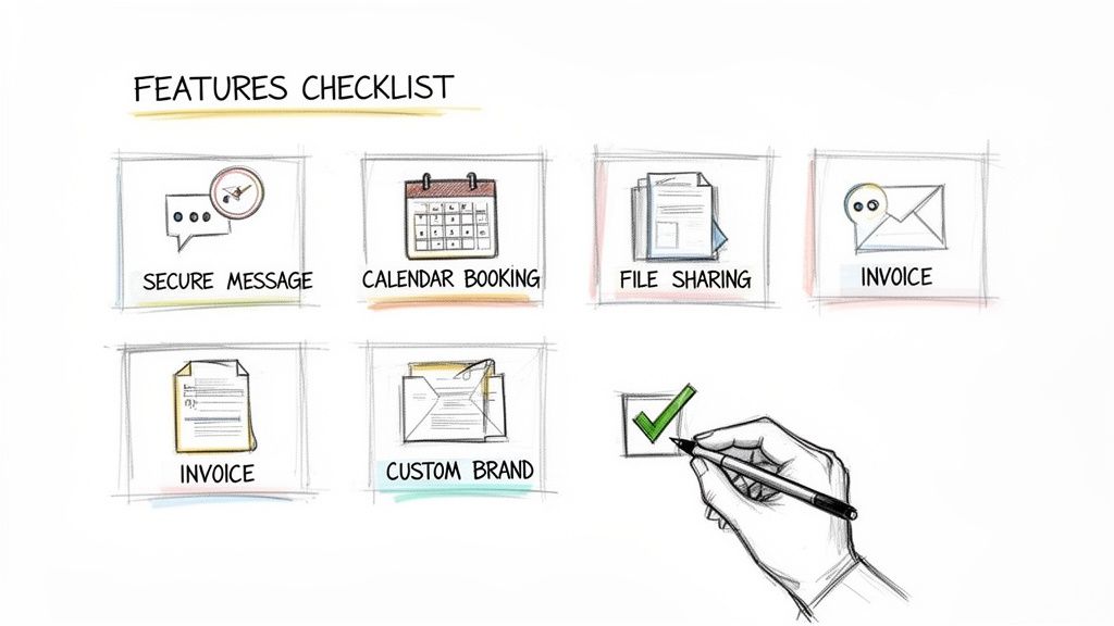 Features checklist for client portal software with icons for secure messages, calendar booking, file sharing, and invoicing.