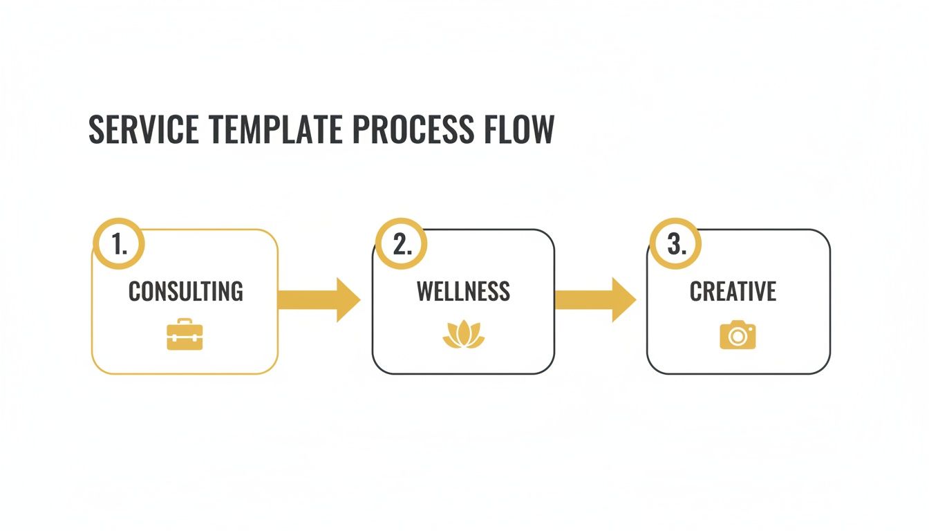 A service template process flow diagram with three sequential steps: Consulting, Wellness, and Creative.