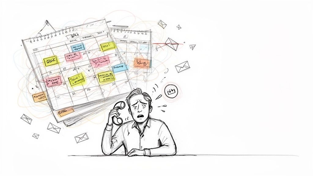 Illustration of a man overwhelmed by a jam-packed calendar and many incoming messages.