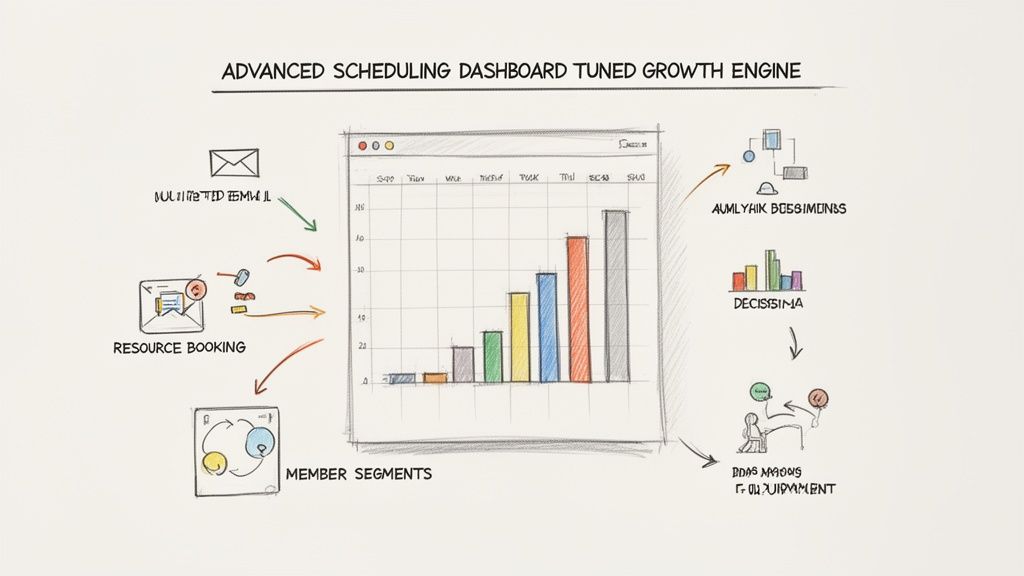 Hand-drawn diagram of an advanced scheduling dashboard illustrating data flow from inputs to analytics and decisions.
