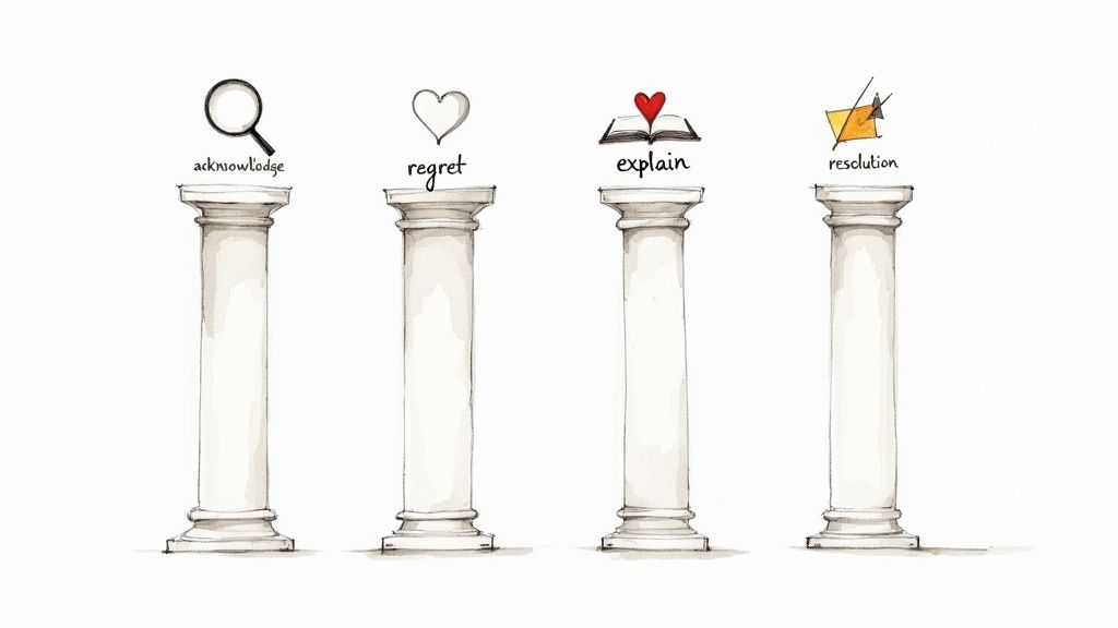 Four pillars illustrate the steps of an apology: acknowledge, regret, explain, and resolution.