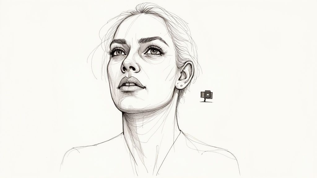 A detailed black and white line art portrait of a woman looking thoughtfully upwards.