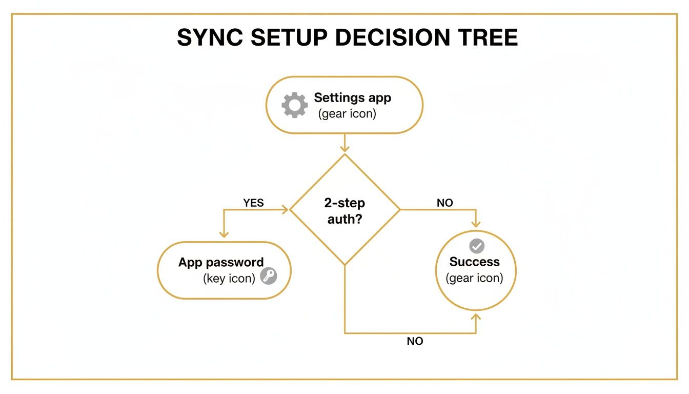 A sync setup decision tree flowchart outlining steps for two-step authentication and app passwords.