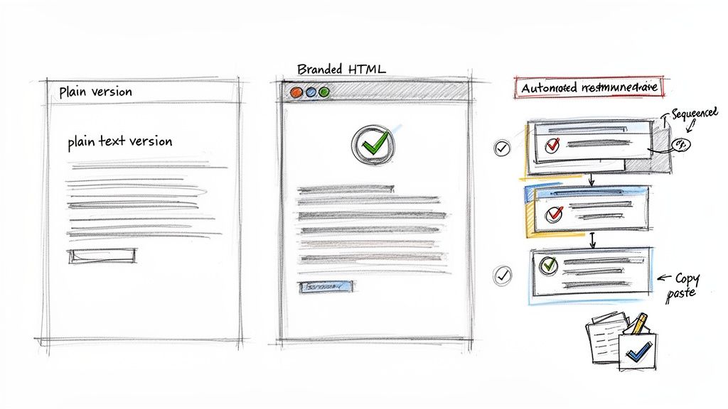 Sketch comparing plain text, branded HTML email versions, and an automated email sequence for confirmations.