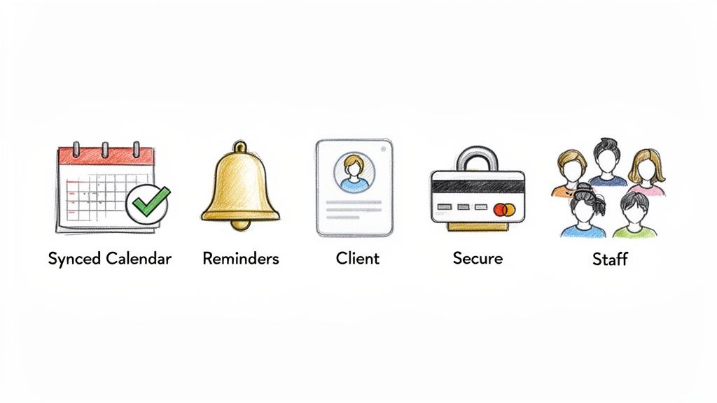 Icons representing key features of an online booking system: synced calendar, reminders, client profiles, secure payments, and staff management.