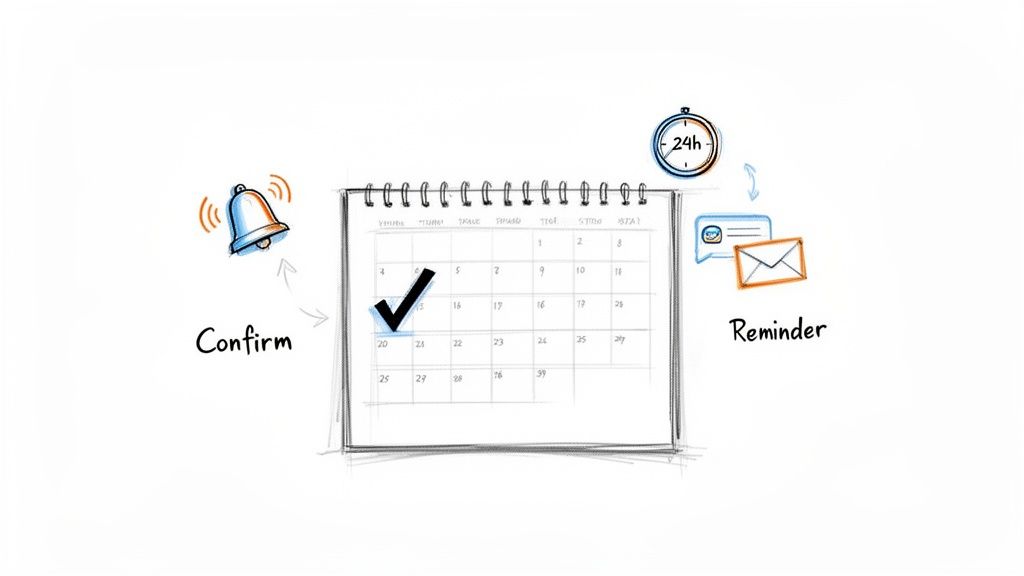 Hand-drawn illustration of confirming a calendar event and receiving a 24-hour reminder.