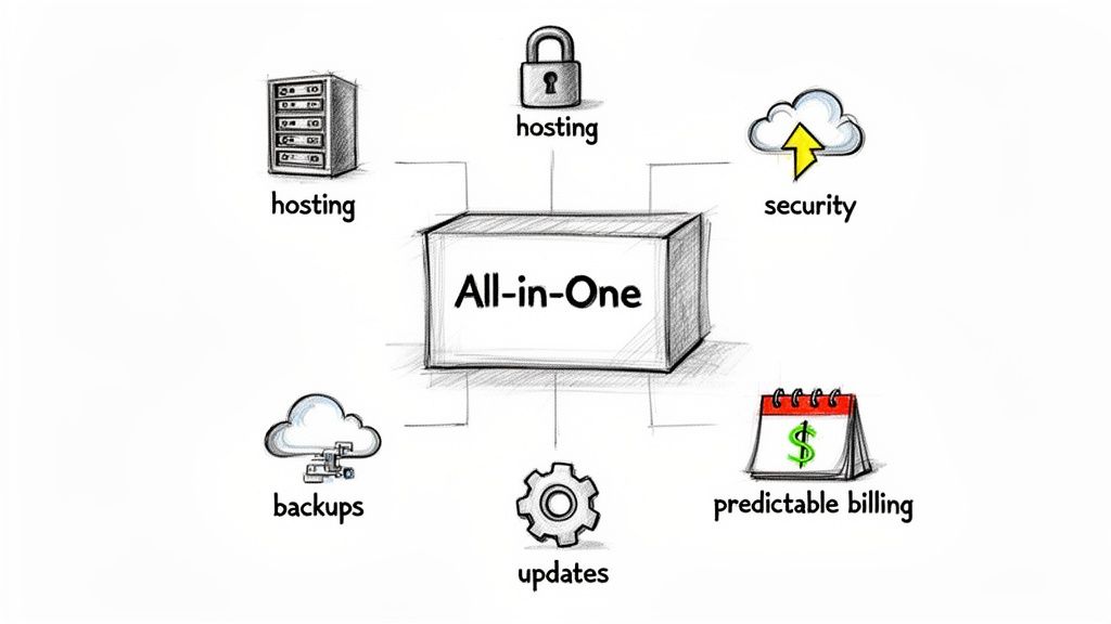 Diagram depicting an All-in-One solution for web services including hosting, security, backups, updates, and predictable billing.