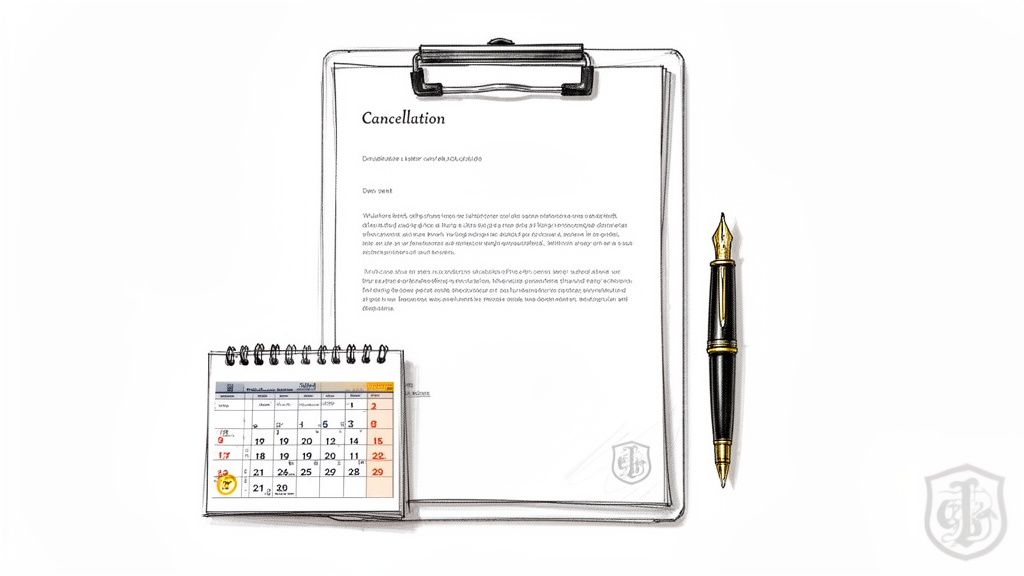 A cancellation letter on a clipboard, a fountain pen, and a calendar with highlighted dates.