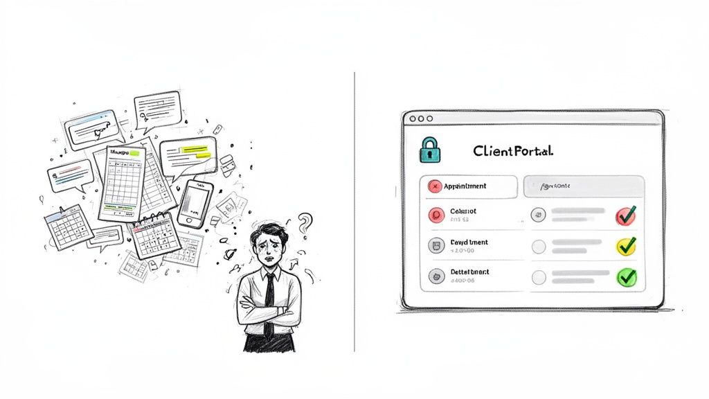 A man overwhelmed by tasks contrasted with an organized client portal showing task management.