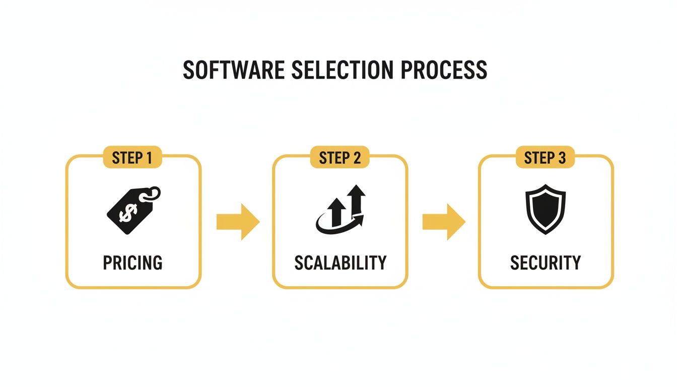 A diagram outlining the software selection process, highlighting pricing, scalability, and security as three key steps.