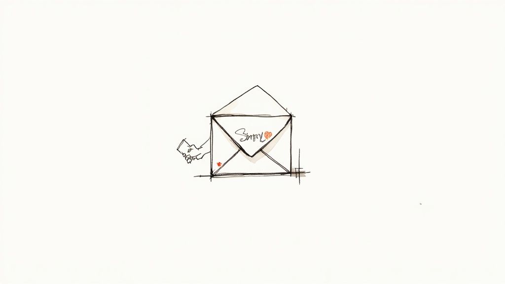 A sketch of an open envelope with 'Sorry' and a broken heart inside, a hand holds a note.