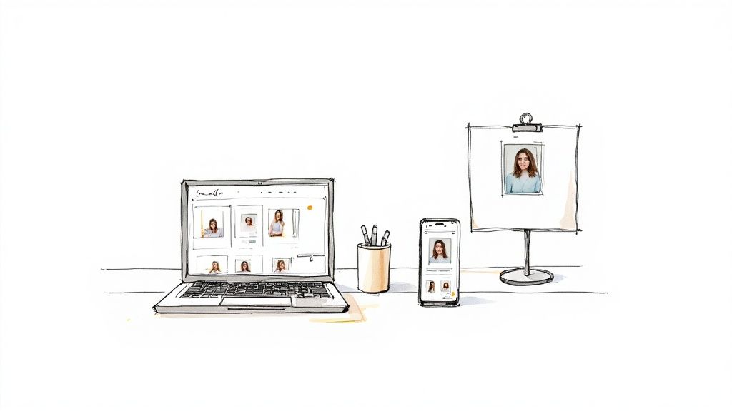 Illustration of a laptop, phone, and whiteboard displaying multiple professional portrait photos.