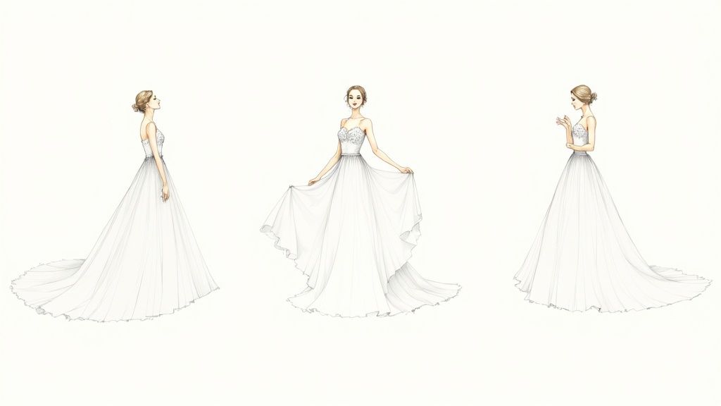 Illustrations of a bride in three different poses wearing a flowing white wedding dress.