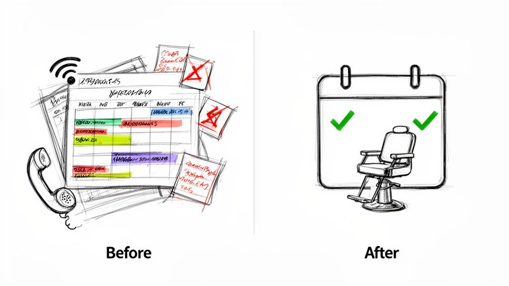 Before and after image contrasting chaotic manual appointment scheduling with organized digital salon booking.