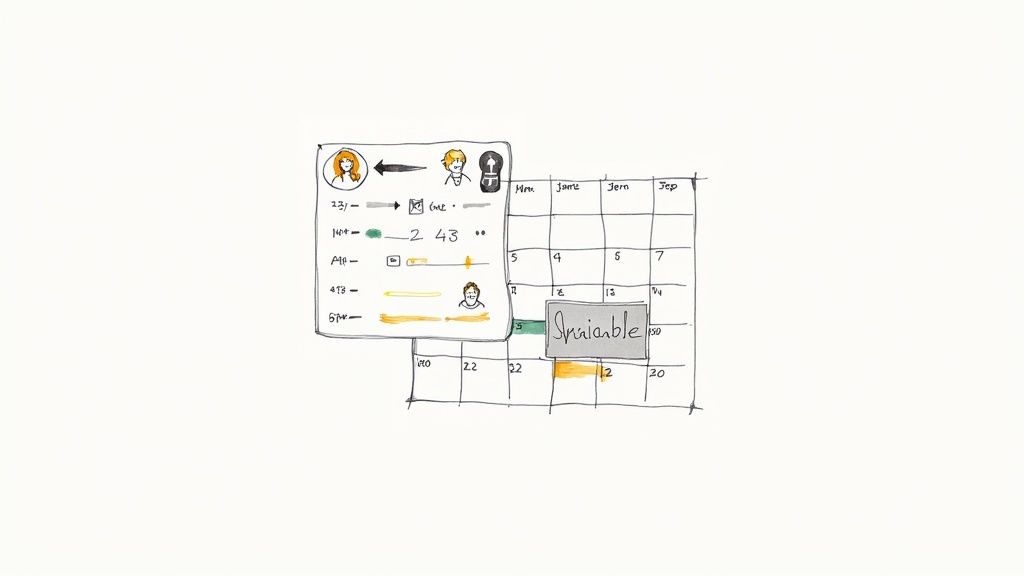 A hand-drawn sketch showing a user interface for scheduling with a calendar and task details.
