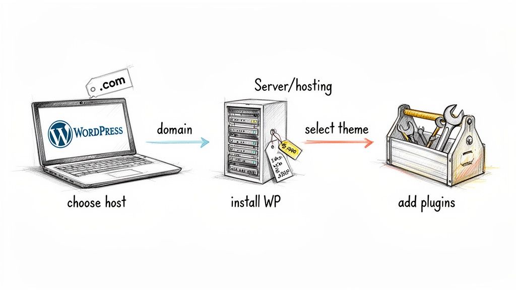 Diagram illustrating steps to build a WordPress website: choosing host, domain, server setup, theme, and plugins.