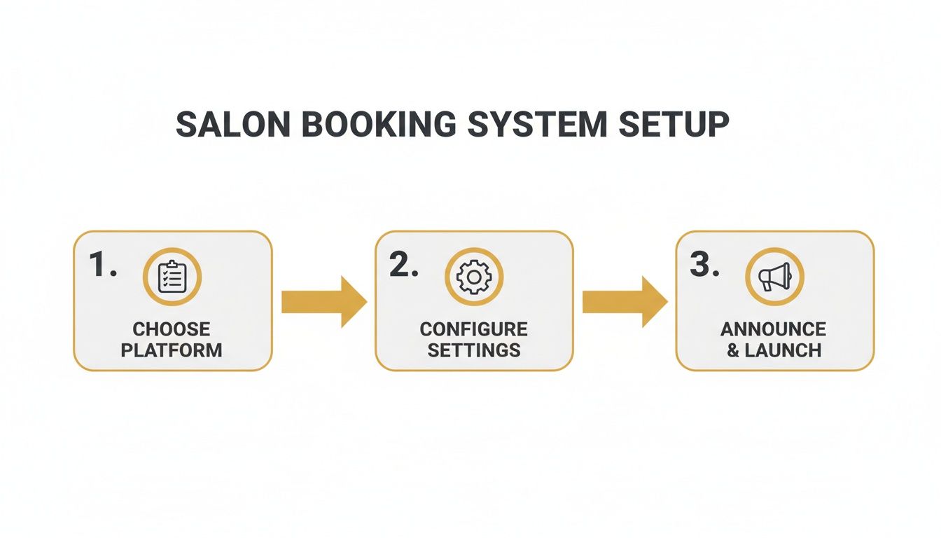 A three-step diagram illustrates the salon booking system setup process: choose platform, configure settings, then announce and launch.