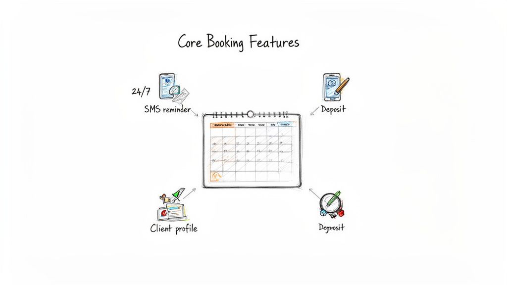 Hand-drawn diagram of core booking features: 24/7 SMS reminders, client profile, and deposit.