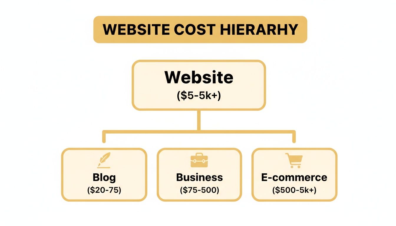 Website cost hierarchy diagram illustrating costs for blogs, business, and e-commerce websites.