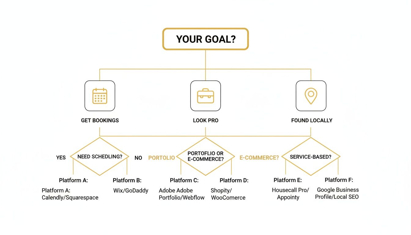 Flowchart guiding the choice of website builder platforms based on business goals: bookings, portfolio, e-commerce, or local presence.