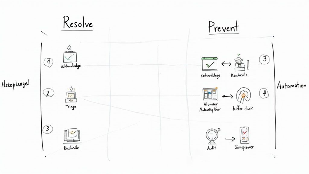 A diagram illustrating a task management framework divided into Resolve and Prevent categories, with manual and automated steps.