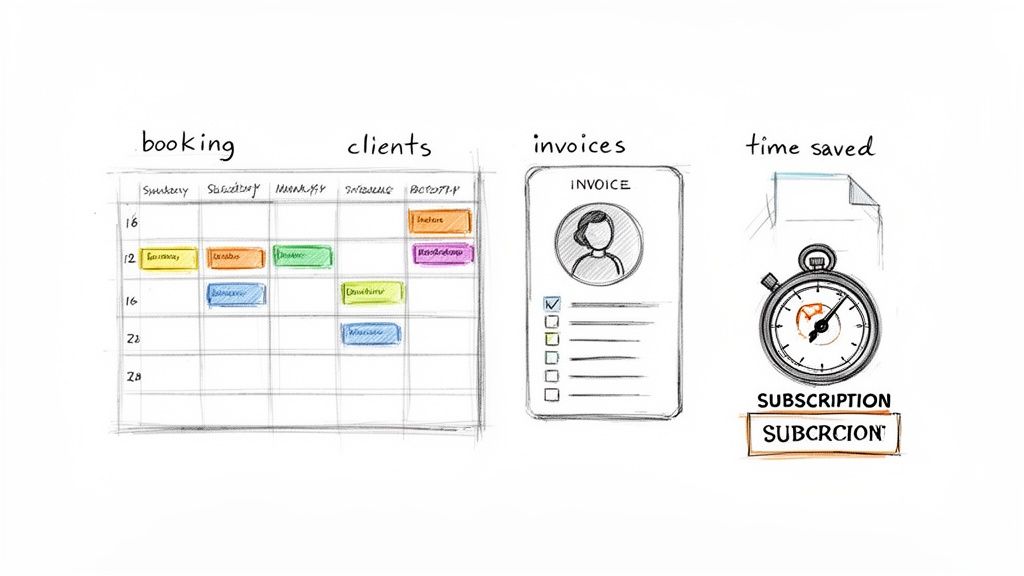 Hand-drawn illustration of business management tools: a booking calendar, client list, invoice, and stopwatch for time saved.