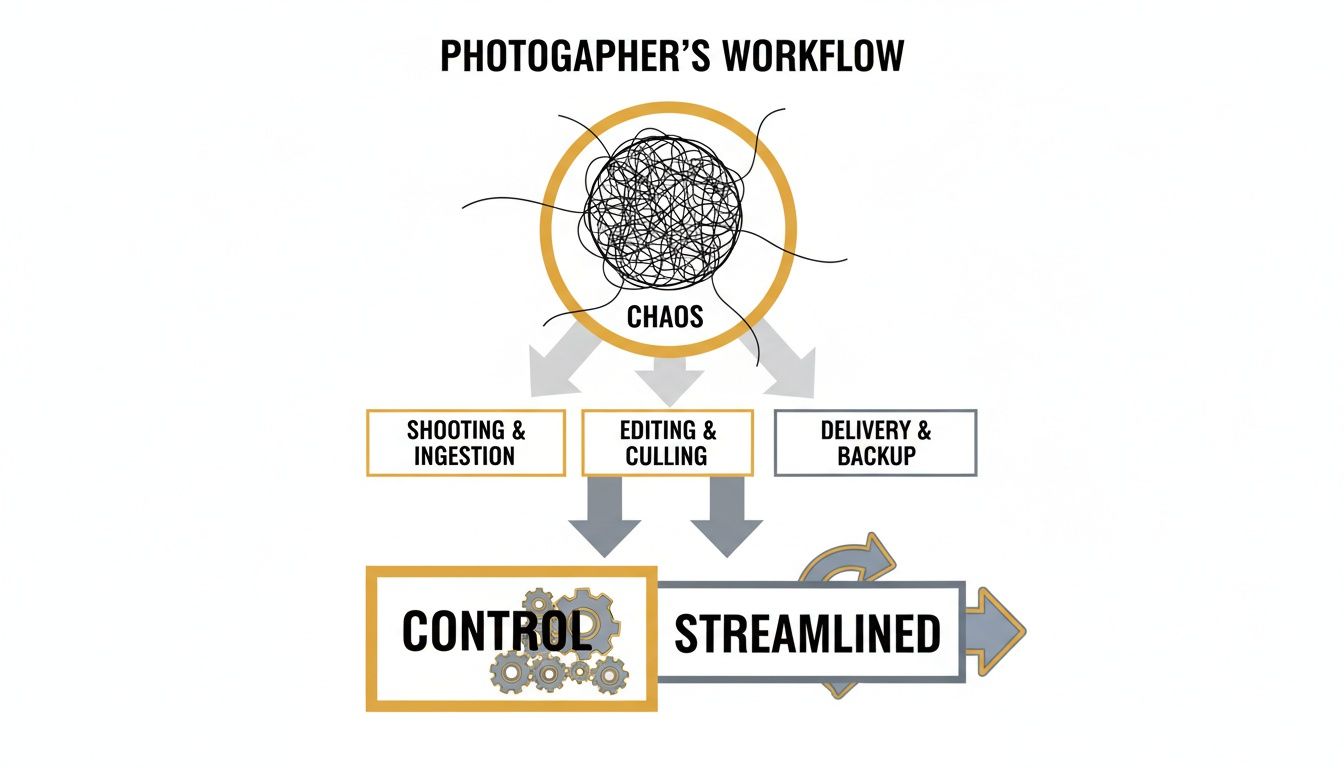 Workflow diagram showing a photographer's journey from chaotic initial stages to a streamlined, controlled process.
