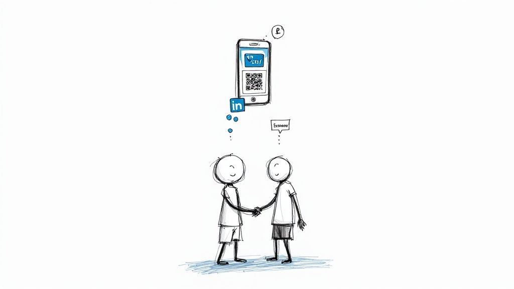 Illustration of two individuals networking, exchanging contact information using a phone's LinkedIn QR code.