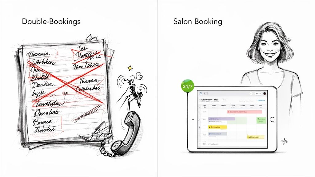 Illustrates the contrast between confusing manual double-bookings and an organized digital salon booking app.