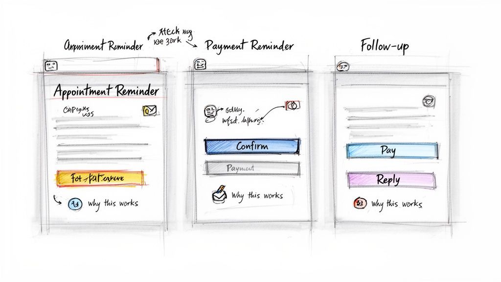 Hand-drawn wireframes illustrating mobile UI designs for appointment, payment, and follow-up reminders.