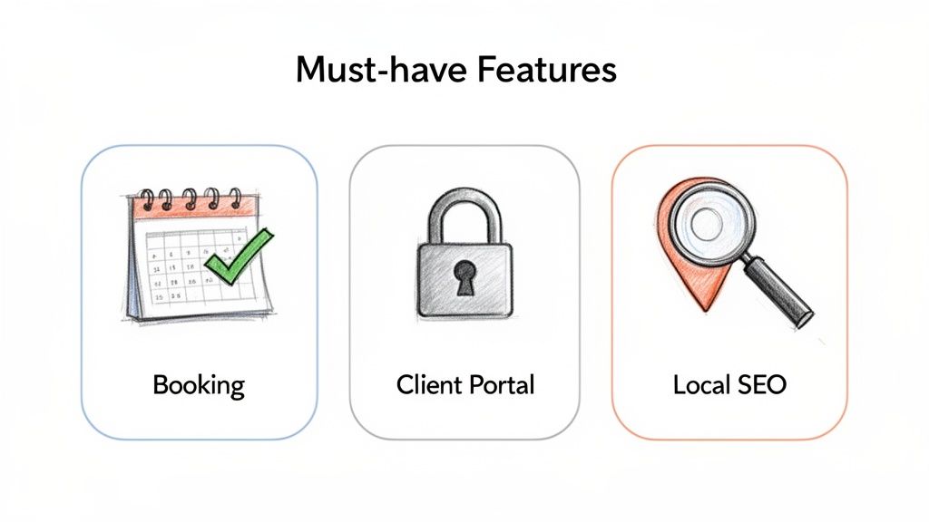 Graphic displaying essential features for service businesses: Booking, Client Portal, and Local SEO icons.