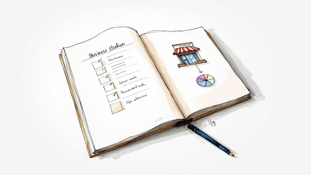 An open notebook displays a business study checklist and a store illustration with a pie chart.