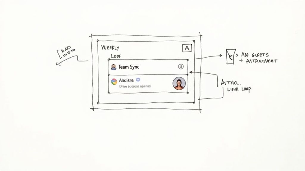 A whiteboard sketch of a 'VUEEKLY LOOF' UI displaying 'Team Sync' and 'Andisra' entries, with annotations for adding attachments.
