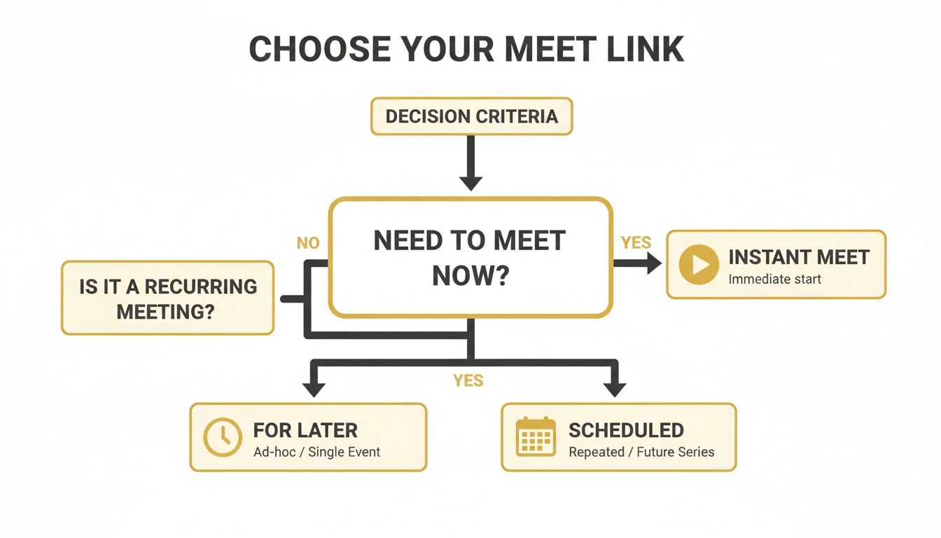 Flowchart guiding users on how to choose a Google Meet link for instant, later, or recurring meetings.