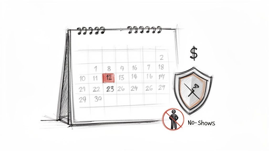 Sketch of a calendar with highlighted date, dollar sign, and 'No-Shows' icon, representing appointment management and protection.