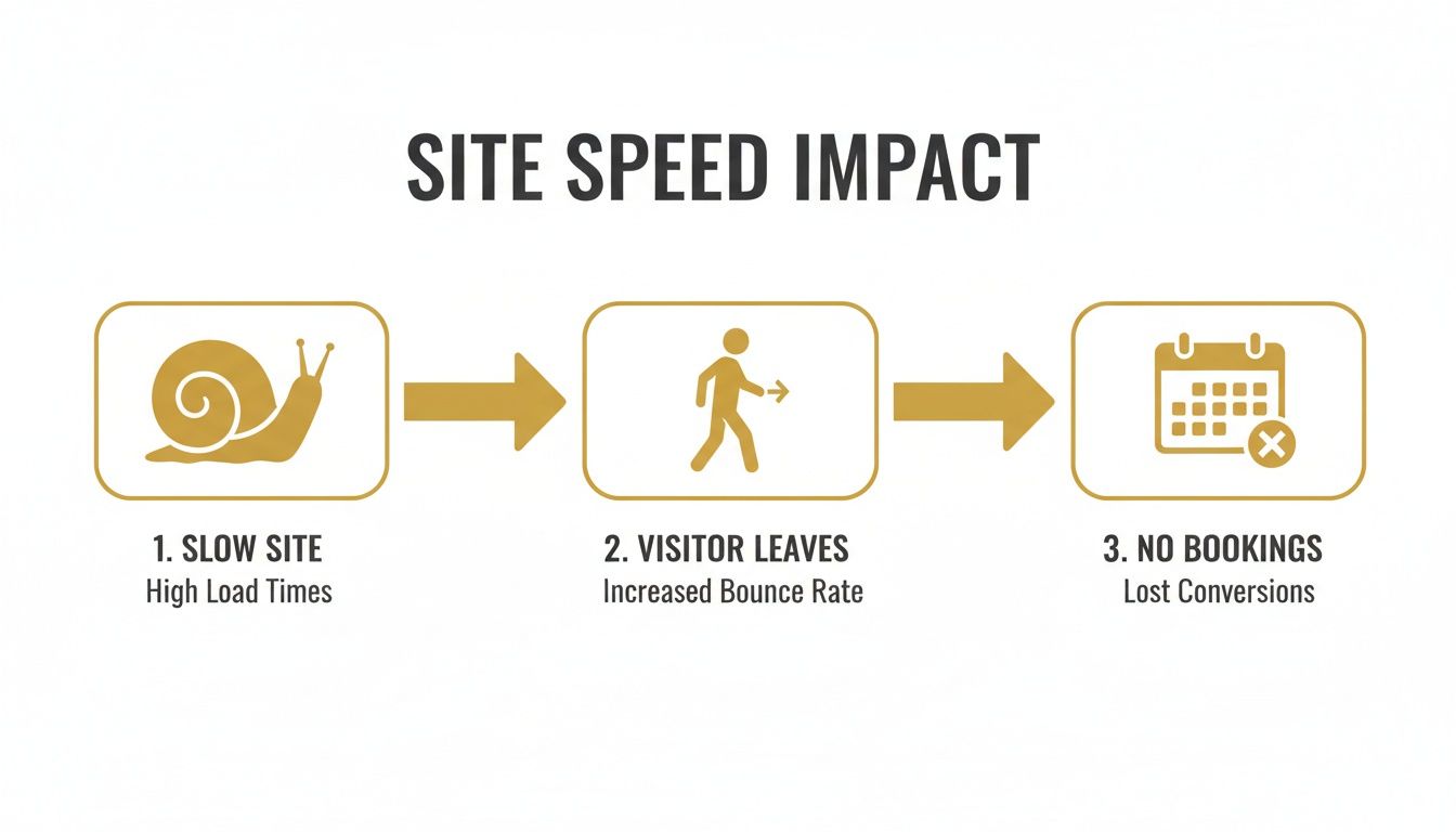 Infographic illustrates how slow site speed causes visitors to leave, increasing bounce rate and leading to lost bookings and conversions.