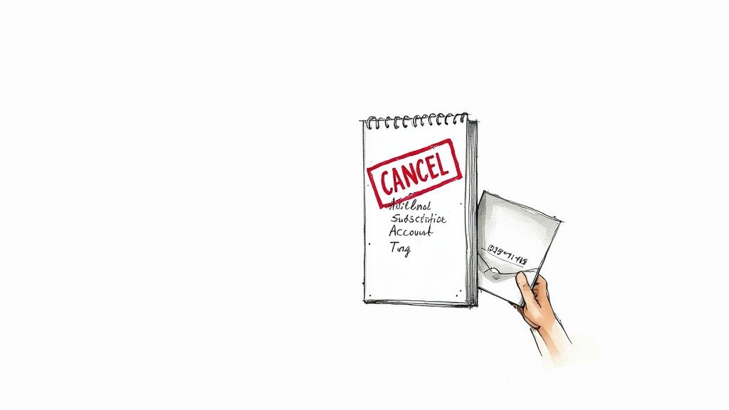 A hand holds a document next to a notepad with 'CANCEL' stamped and handwritten notes for account cancellation.