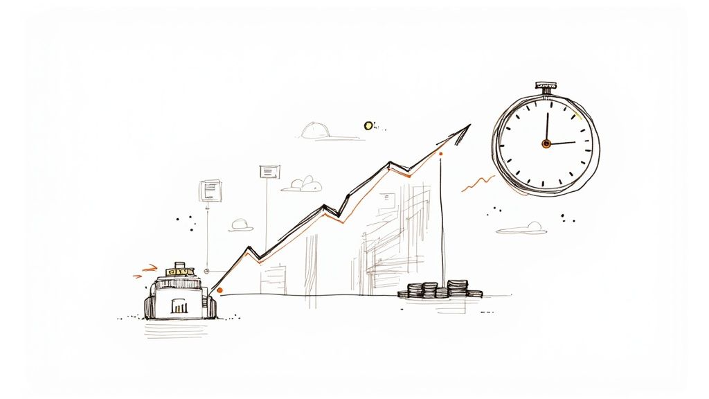 Hand-drawn illustration of a rising financial growth graph with a stopwatch, factory, and coins.