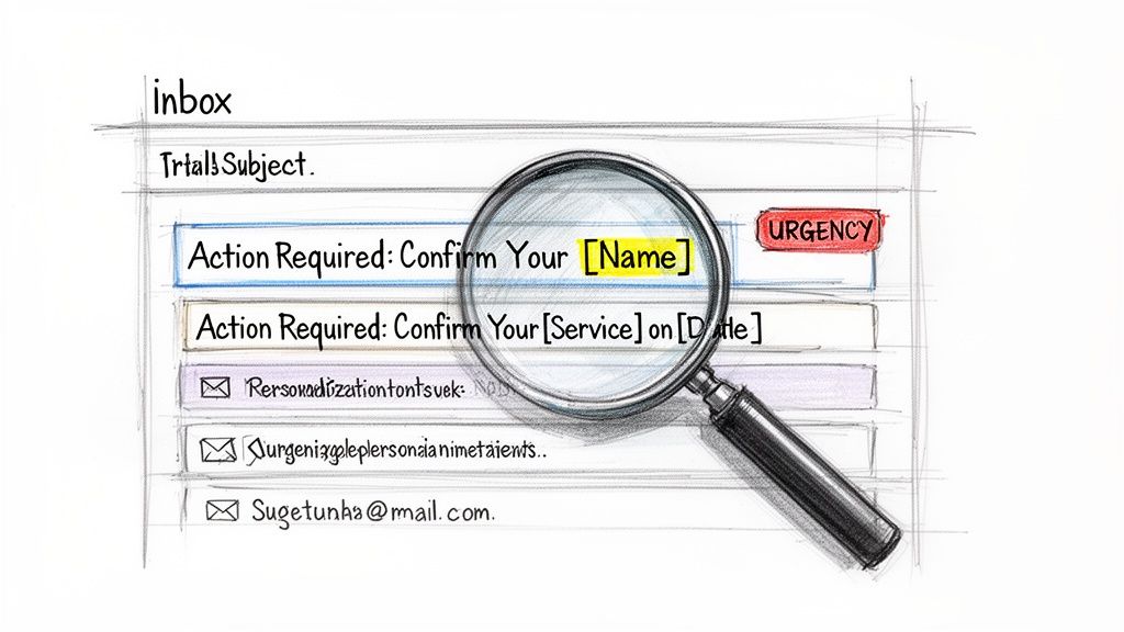 Sketch of an email inbox showing suspicious emails with 'Action Required' and 'URGENCY' tags, indicating phishing.