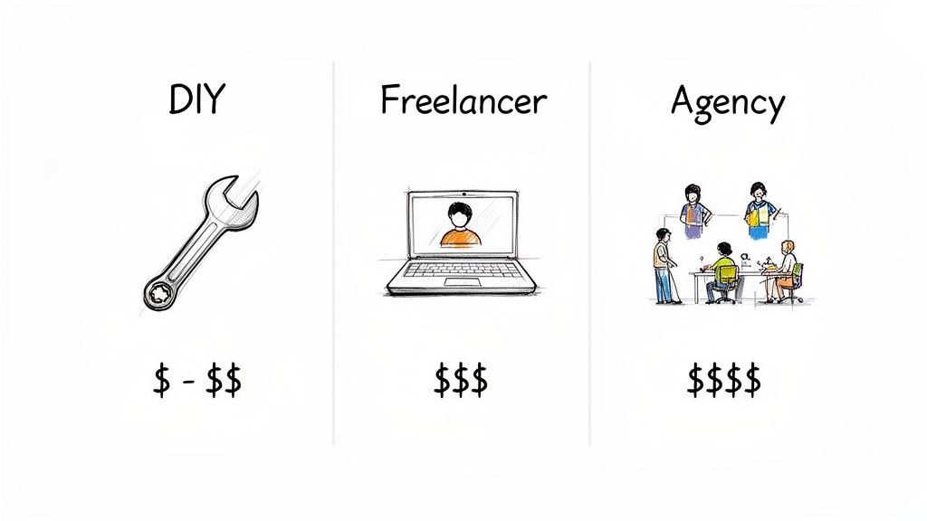 A graphic comparing the costs of DIY, freelancer, and agency services using icons and dollar signs.