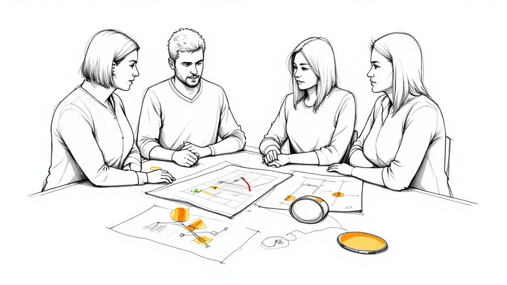 Four people in a business meeting, reviewing charts and documents on a table.