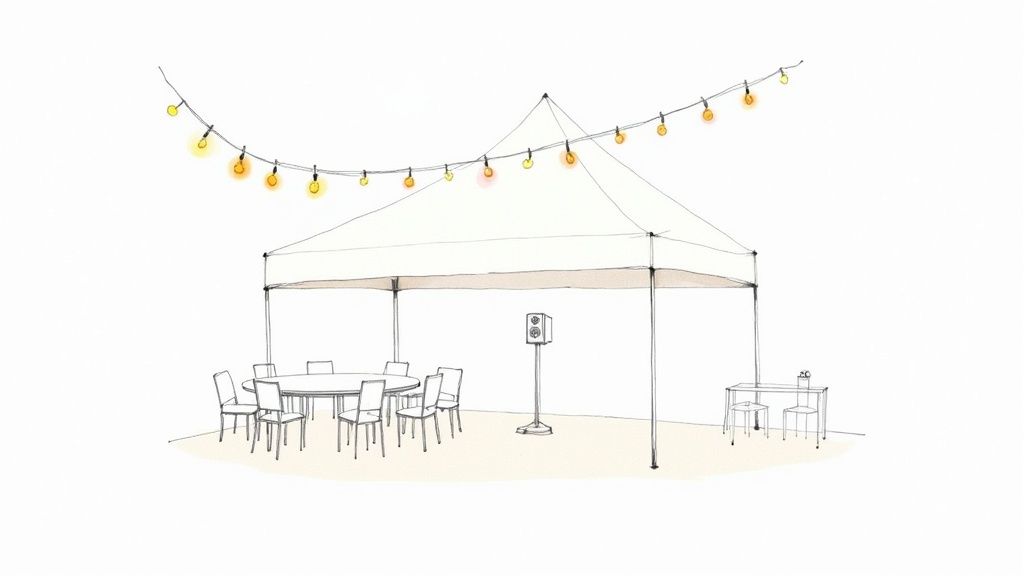 A sketch of an outdoor event setup with a white tent, string lights, and seating area.