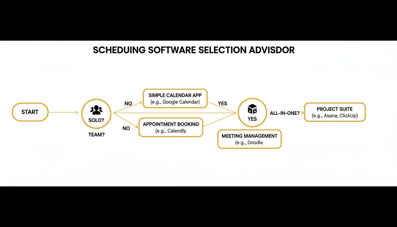 Flowchart providing guidance on selecting scheduling software based on user type (solo/team) and feature requirements.