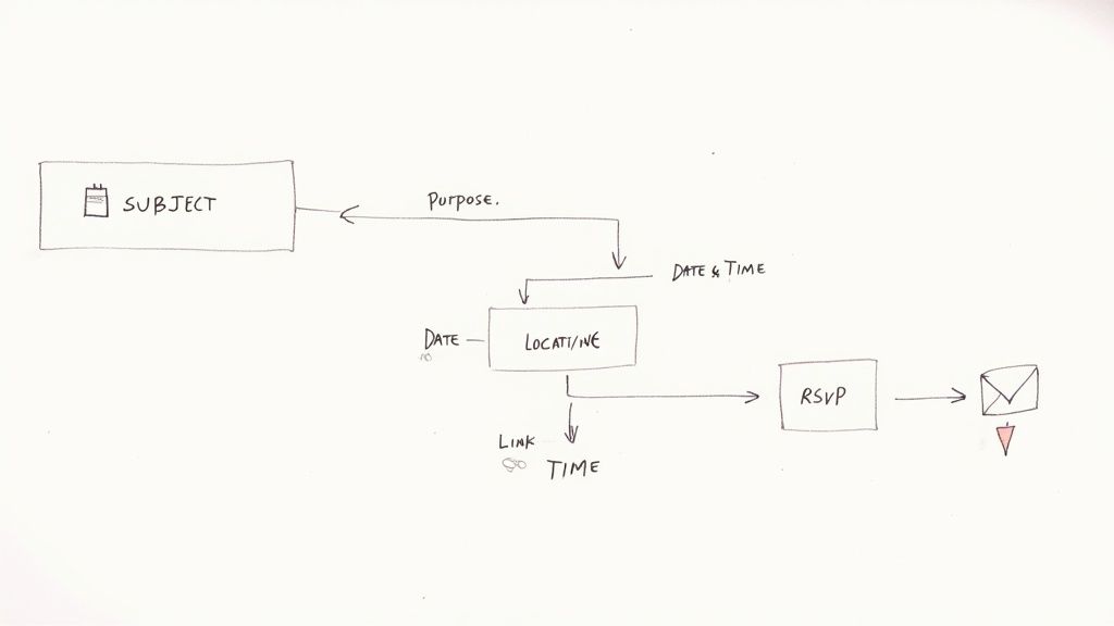 A hand-drawn flowchart illustrating the components of a meeting invitation, including subject, purpose, date, time, location, and RSVP.