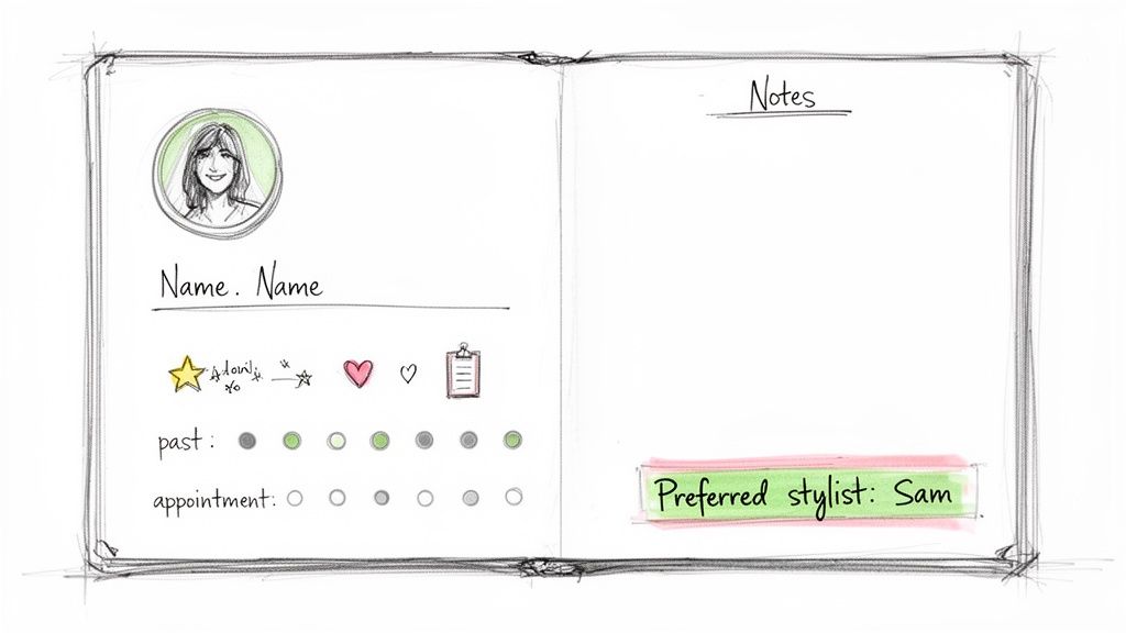Sketch of an open notebook displaying a client profile with name, icons, and notes, including preferred stylist.