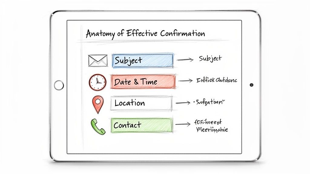 Digital tablet displays an "Anatomy of Effective Confirmation" diagram, outlining essential elements like subject, date, location, and contact.