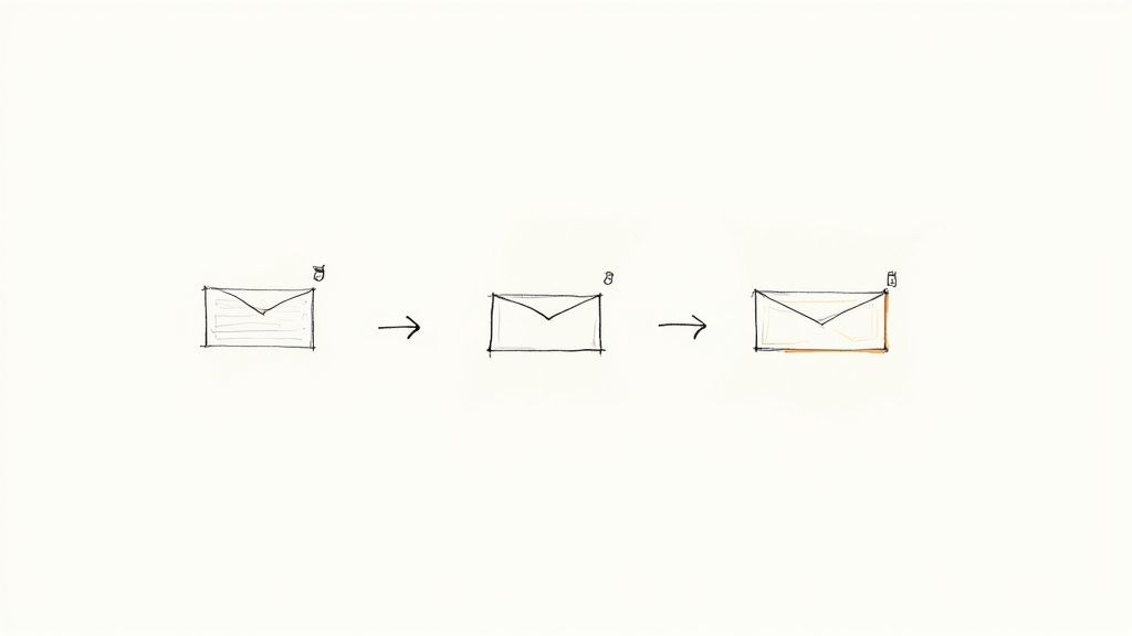 A visual sequence of three hand-drawn envelopes, depicting unread emails, a notification count, and an opened email.