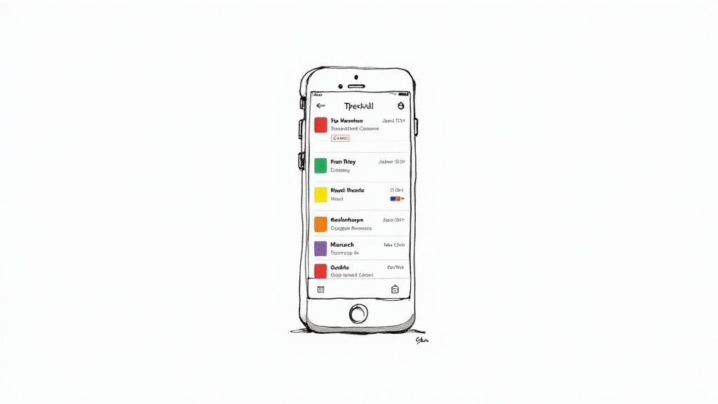 Hand-drawn iPhone displaying a colorful list of items in an app named Treekball.