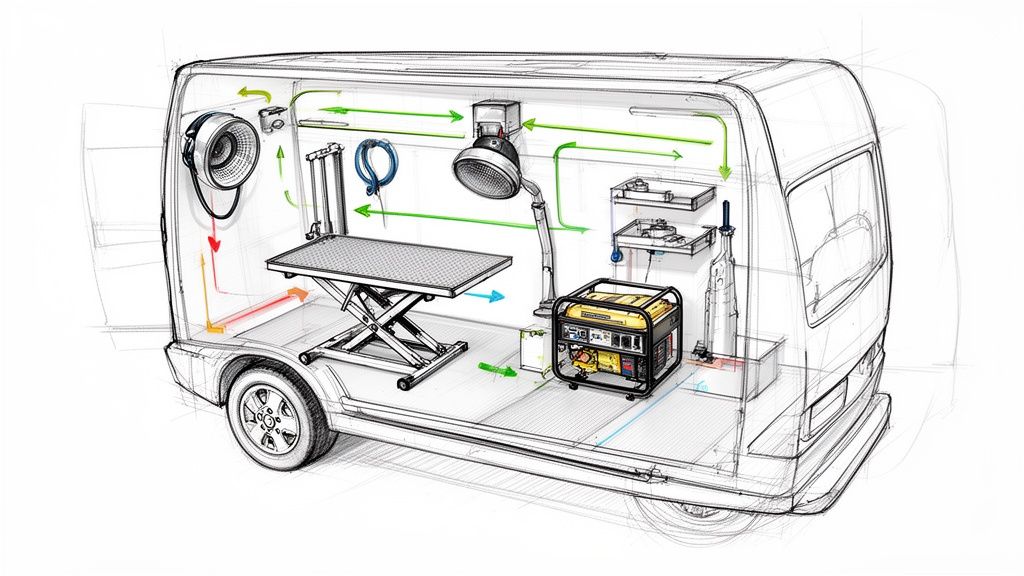 A detailed diagram of a mobile pet grooming or vet van interior with equipment and airflow.