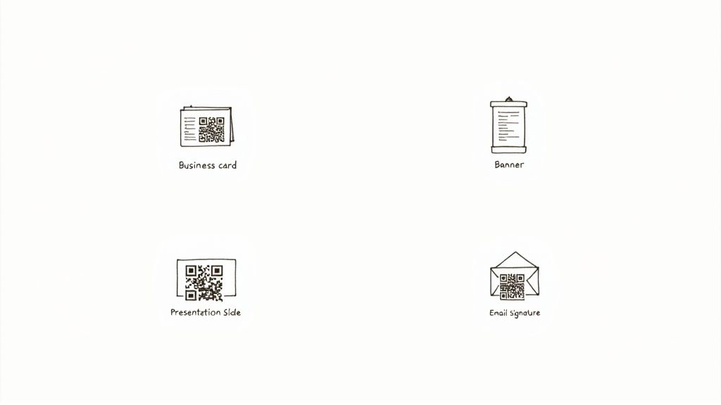 Hand-drawn illustrations showing LinkedIn QR codes used on a business card, banner, presentation slide, and email signature.